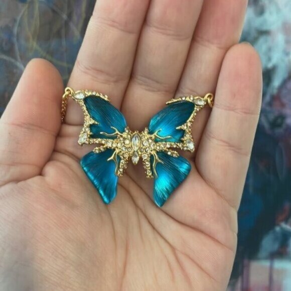ALEXIS BITTAR Blue Lucite Butterfly 🦋 On gold tone chain with logo